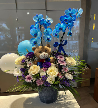 Mavi Orkideli Ayıcıklı Aranjman